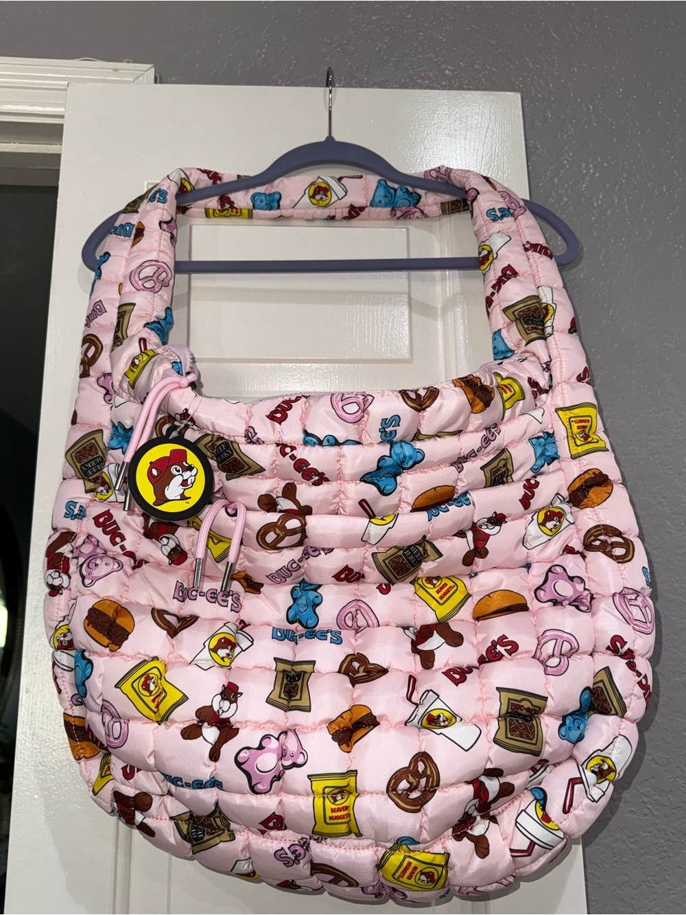 Cute Pink Quilted Shoulder Bag with Snack Print